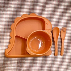 아이로그 유아용 디노 공룡 식기 세트, 오렌지, 식판 + 국그릇 + 숟가락 + 포크