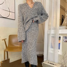 비비에모 브이넥 프렌치 풀오버 긴팔 니트 스커트 투피스 세트 01998