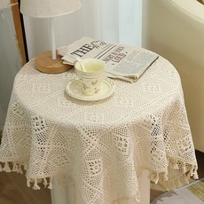 라이프크런치 빈티지 식탁보 태슬 원형 탁자 식탁커버, 60 x 60 cm, 화이트 정격