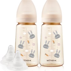 마더케이 베이직 PPSU 토끼 젖병 무꼭지 트윈팩 + 3단계 젖꼭지 2p, 크림, 280ml, 2개