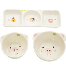 Moine天然兒童餐具 3件組, 小豬, 飯碗+湯碗+三格盤
