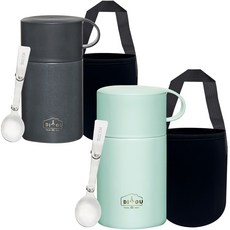 DIYOU 스텐 보온 도시락 죽통 600ml 2p + 스텐스윙 스푼 2p + 전용 파우치 2p 세트, 민트, 차콜, 1세트
