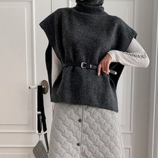 KnitNJean 女款寬鬆羅紋高領針織披肩尖頭背心