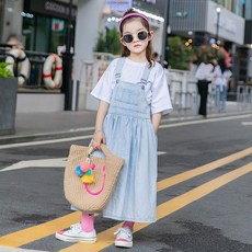 빠빠야네 여아 스카이 데님 스트랩 멜빵 롱 톡톡 청치마 세트
