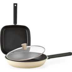 퀸센스 샌드 후라이팬 3종 세트, 사각팬 27cm + 후라이팬 28cm + 유리뚜껑, 1세트, 베이지