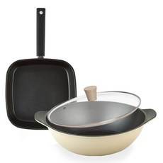 퀸센스 샌드 후라이팬 3종 세트, 사각팬 27cm + 파티웍 28cm + 유리뚜껑, 1세트, 베이지