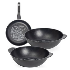 인터쿡 클래식 후라이팬 3종 세트, 블랙, 1세트, 후라이팬 24cm + 파티웍 28cm + 파티웍 28cm