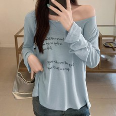 메이첼 여성용 U넥 레터링 프린팅 루즈핏 긴팔 티셔츠 13465