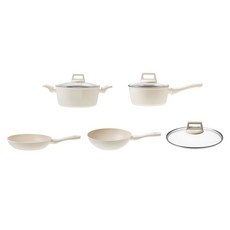 Vilivin IH電磁爐適用 鍋具5件組 Set, 奶油白, 單柄湯鍋18cm + 雙耳湯鍋24cm + 平底鍋28cm + 炒鍋28cm + 玻璃鍋蓋28cm, 1組