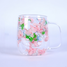 제이콕스 이중 내열 유리 홈 카페 머그컵 370ml, 핑크 + 그린, 1개