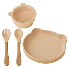 Peripia幼兒用Baby熊熊矽膠吸附餐具 4件組, 1組, 碗+盤+湯匙+叉, 柔和米色