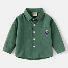 JOYMULTI MK兒童款格子小熊刺繡棉質長袖翻領襯衫
