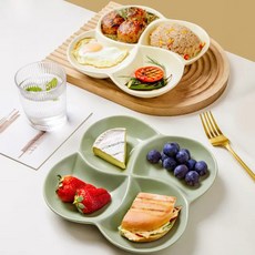Homely Zakka 北歐四葉形陶瓷分隔餐盤, 奶油綠+奶油白, 四葉造型分隔設計, 陶瓷材質, 1組, 22.5 x 22.5 x 3.2cm, 奶油綠 + 奶油白