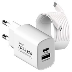서가 25W PD3.0 PPS 2포트 멀티 C타입 초고속 충전기 + PD C to 라이트닝 8핀 초고속 충전 케이블 3m 세트, 화이트, 1세트