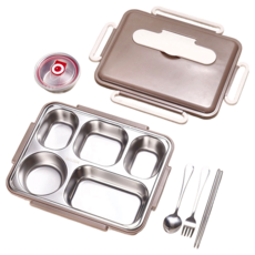 Cooksy 304不鏽鋼多格保溫便當盒 附餐具 + 湯碗 + 保溫袋, 防漏密封手提餐盒, 2L 5格, 卡其色, 1個