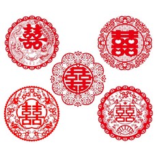 神崎家居 婚禮喜字靜電貼5件組 紅色 28x28cm - 婚房裝飾 靜電窗貼 玻璃貼, 28 x 28cm