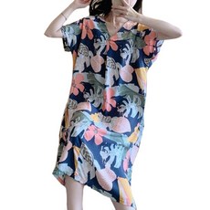 NEW FORCE 知性美V領清新居家長裙, 氣質印花居家裙, 寬鬆舒適, F, 藏青葉, 1件