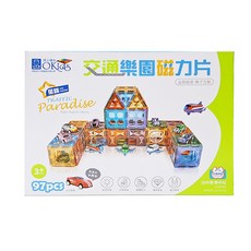 OKids 博士積木 交通樂園磁力片 97片套裝, 透光鑽彩設計, ABS材質, 雙倍磁鐵吸力, 星鑽版, 1盒