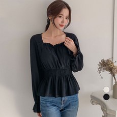아피나르 여성용 스퀘어넥 허리 셔링 긴팔 블라우스