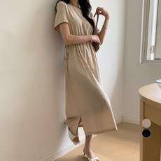 afinar 女款仿亞麻開衩短袖連身裙, 淺褐色的