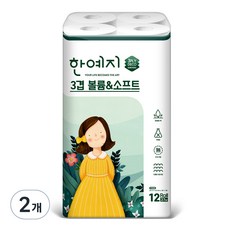 한예지 볼륨 앤 소프트 천연펄프 3겹 데코 고급롤화장지, 27m, 12개입, 2개