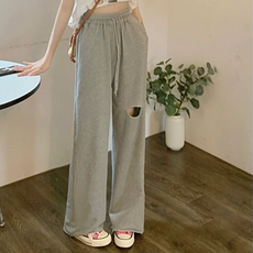 HL5968 不修邊鬆緊破洞棉褲, 灰色 L, 1件
