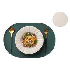 지베아 플로라 가죽 방수 타원형 식탁 테이블매트, 그린(앞면) + 아이보리(뒷면), 440 x 300
