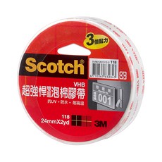 3M Scotch 超強悍VHB膠帶, 24mm x 2yd, 耐高溫, 防水, 抗UV, 三倍黏力, 室內戶外都適用, 1個