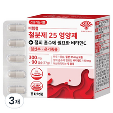 Dongwha Pharm 非血紅素鐵補鐵劑 25營養劑 鐵質吸收所需的維他命C 27g, 90片, 3個