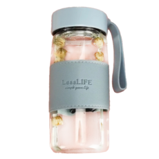 LessLIFE 玻璃皮套 耐熱水杯 附茶隔 480ml 玫瑰粉 莫蘭迪藍 莫蘭迪綠 質感灰, 藍色, 1個
