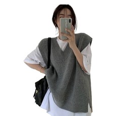 V領開岔素色外搭毛衣背心, 灰色