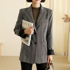 빼빼 여성용 카라넥 소매버튼 싱글 체크 자켓