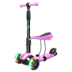 Jane&Nini Toy 2合1兒童滑板車 室內滑步車, 3段高度把手, 3段高度可拆卸座椅 (承重25kg), 堅實踏板(承重50kg), 夜光穩固厚輪, 粉紫色, 1台