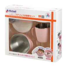 Richell 利其爾 TLI 雙層可拆式不鏽鋼禮盒, 學習餐具套裝, 雙層可拆式不銹鋼碗 + 雙層可拆式不鏽鋼雙耳杯 + 不鏽鋼叉匙組 +食用器吸盤, 粉色, 1組