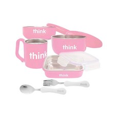 thinkbaby 不鏽鋼兒童餐具6件組, BPA-Free, 304不鏽鋼, 寶寶碗 + 寶貝湯碗 + 寶貝水杯 + 寶貝便當盒 + 湯匙 + 叉子, 嫩粉色, 1組