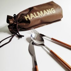 HALMANG 심플 커트러리 세트, 실버 + 우드, 수저 + 포크 + 나이프