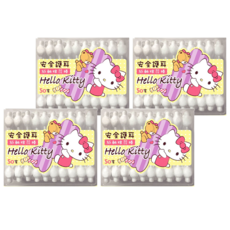 Hello Kitty 凱蒂貓 安全護耳紙軸棉花棒，50支/盒，100%純棉雙頭, 4盒