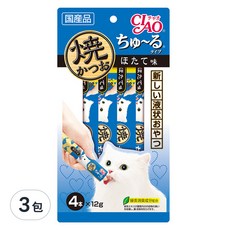 INABA CIAO 啾嚕 鰹魚燒肉泥 干貝口味, 綠茶除臭成分配方, 12g x 4條 日本原裝進口, 48g, 3袋