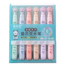德德小品集 貓爪螢光筆 6支組, 卡龍螢光筆 扁式筆頭 粗細隨意, 6色, 12支
