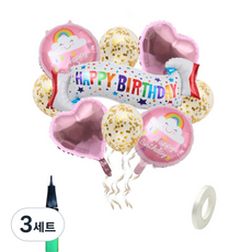 생일파티 배너 풍선세트, 생일배너(핑크), 손펌프(랜덤발송), 3세트