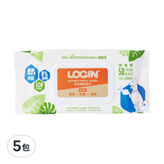 LOGIN 洛格 狗用抗菌濕巾, 50片裝, 加厚型, 100%可生物分解, 50張, 5包