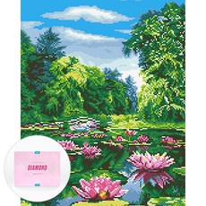 디클레어 액자 캔버스형 보석십자수 DIY 키트 40 x 50 cm, 1세트, 연꽃 연못