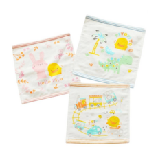 PiYOPiYO 黃色小鴨 雙層紗布印圖方巾 3入, 100%棉 W25xL25cm (淺藍/淺粉/淺黃), 淺藍 + 淺粉 + 淺黃, 25 x 25cm