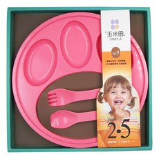 SIMPLA 玉米田 幼兒熊掌盤叉匙組, 適合2-5歲兒童, PLA環保無毒餐盤組, 盤子 + 叉子 + 匙, 淺紅色, 1組