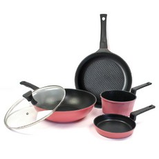 Kitchen-Art 韓國產鑽石塗層鍋具5件組, 平底鍋 28cm+深炒鍋 28cm+圓形煎蛋鍋 16cm+醬汁鍋 16cm+玻璃鍋蓋 28cm, 黑色 粉色, 1組