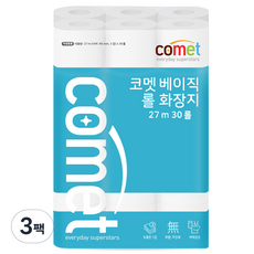 코멧 베이직 3겹 롤화장지 27m, 30개입, 3개 30롤, 3팩