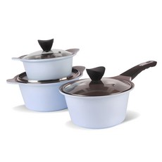 Kitchenwell Bellos系列陶瓷附蓋不沾壓紋鍋具3件組, 天藍色, 雙耳鍋 16cm+雙耳鍋 20cm+單柄鍋 18cm, 1組