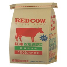 RED COW 紅牛 紐西蘭脫脂高鈣奶粉, 100%純乳含量, 冰水可溶, 1.5kg, 1袋