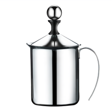 FUJI-GRACE 富士雅麗 不鏽鋼雙層手動奶泡器, 400ml, 雙層濾網, 圓形拉桿, 加厚弧形握柄, 外觀鏡面拋光工藝, 內壁拉絲工藝