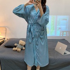 공유 후르츠 홈웨어 로브 원피스잠옷 샤워가운 L, 체크블루, 1개